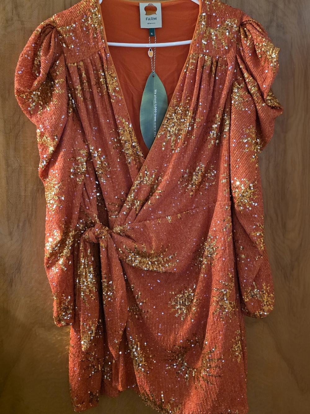 FARM Rio XL Sunny Orange Sequin Wrap Mini Dress - Picture 1 of 16